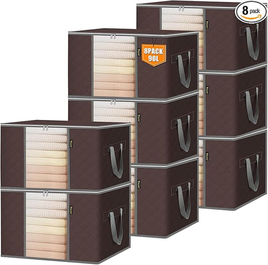 BALEINE 8 Pack Clothes Storage Bags, 24 Gallon Storage Containers with Reinforced Handle, Sturdy Zipper, Closet Organizer for Blanket, Comforter, Pillow, Bedding (Brown, 8 Pack)