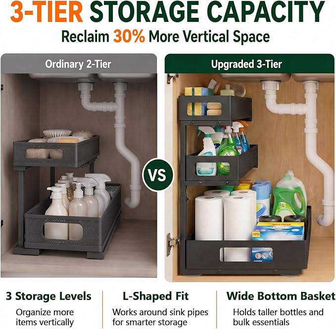 3 Tier Under Sink Organizer,2 Pack Pull Out Cabinet Shelves with Adjustable Height,Heavy Duty Carbon Steel L-Shaped Storage for Kitchen Bathroom Sink,Pantry & Laundry,Black