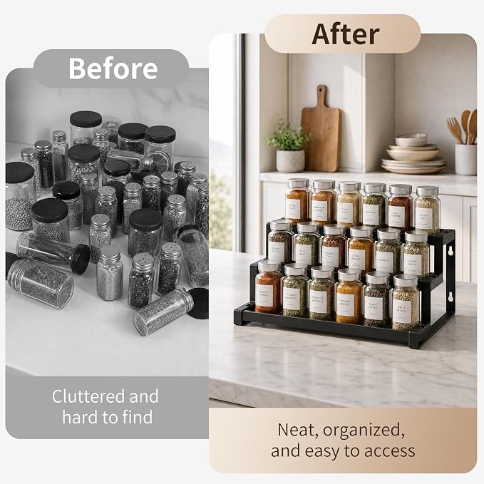 Expandable Spice Rack Organizer for Cabinet, 3-Tier Adjustable Spice Shelf 16"-29", Seasoning Organizer for Cabinet, Pantry & Countertop, Storage Rack for Jars, Bottles & Cans