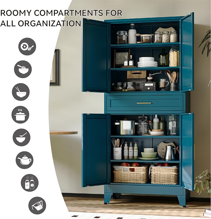 COFaR 71" Metal Pantry Cabinet with Drawer, Peacock Blue Storage Cabinet with Adjustable Shelves, 3-Section Modern Statement Cupboard for Kitchen & Bathroom