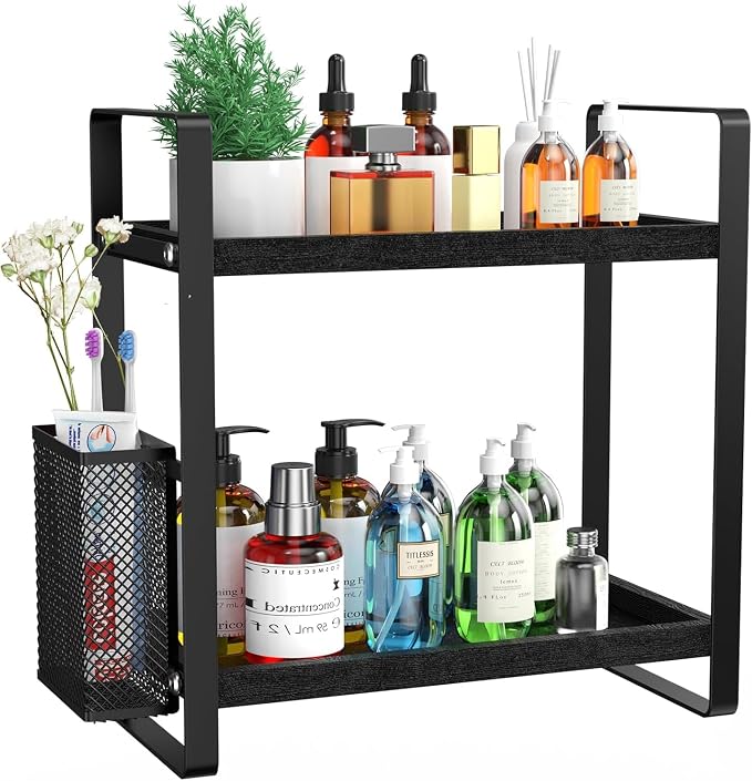 Bathroom Organizer Countertop, Counter Organizer for Bathroom Decor, Wooden Sink Shelf for Vanity Storage, Makeup Tray for Perfume Skincare Bedroom Kitchen Corner (Black)