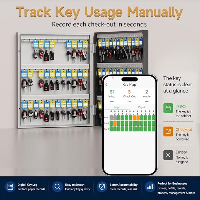 72 Key Lock Box Smart Key Organier Cabinet with Keypad & App for Office | Wall Mounted Lockbox use App, Custom & One Time Password, WiFi (Need W100 Bridge) Unlock for School, Office, Fleet, Hotel