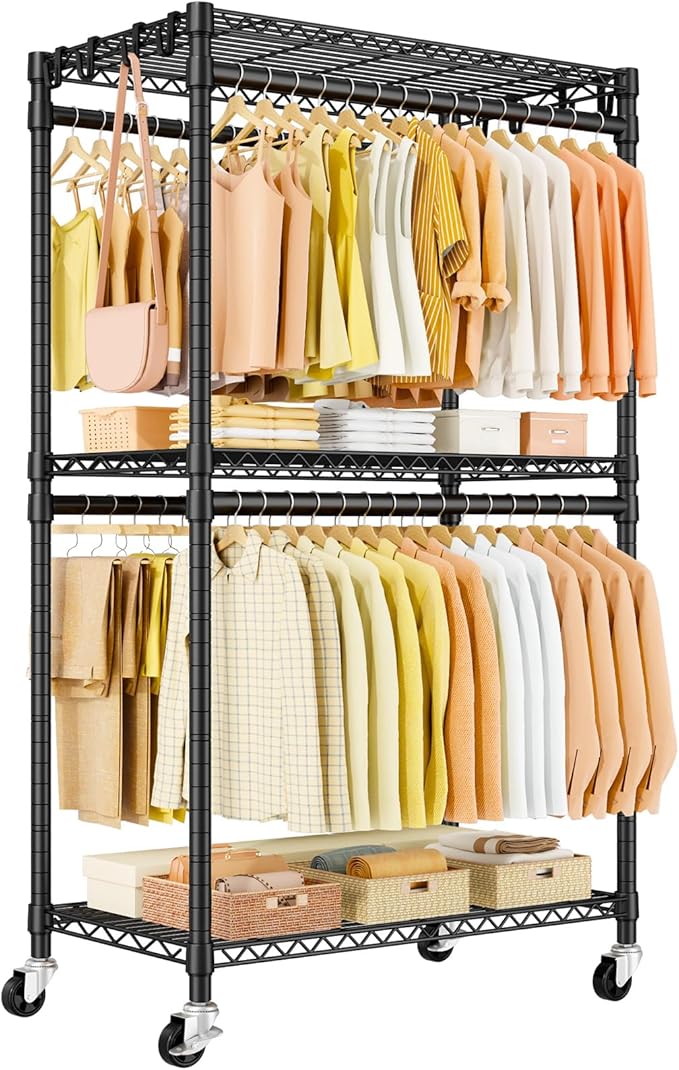 P5 Rolling Clothes Rack, Clothing Racks for Hanging Clothes, Black | Heavy Duty Garment Rack with Wheels, 3-Tier Shelves, Portable Closet Racks 39.4'' W × 20.5'' D × 80.5'' H, Max Load 650 Lbs