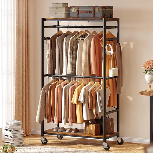 HOKEEPER Heavy Duty Rolling Clothes Rack, Metal Closet Organizer with Wood Shelves, Adjustable 70.9"-79.9" H x 39.3" W Freestanding Wardrobe for Bedroom, Max Load 450 LBS