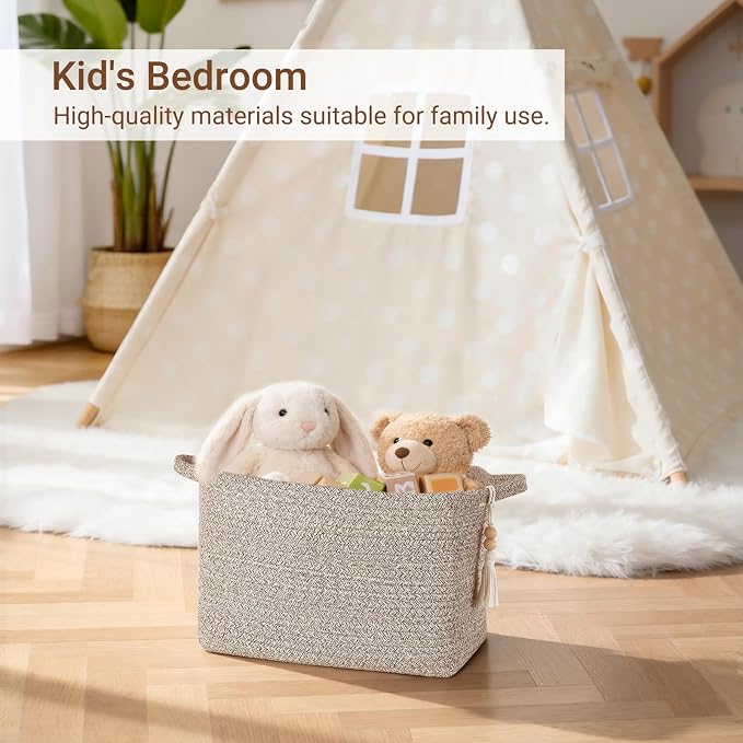 Mkono Woven Storage Basket, Cube Cotton Rope Basket for Shelves, 13"x10"x9" | Organizes Shoes Clothes Toys Towels Books, Gift Basket, Wooden Beads Tassel, Rectangle Bin, Fits Entryway Bedroom Living Room