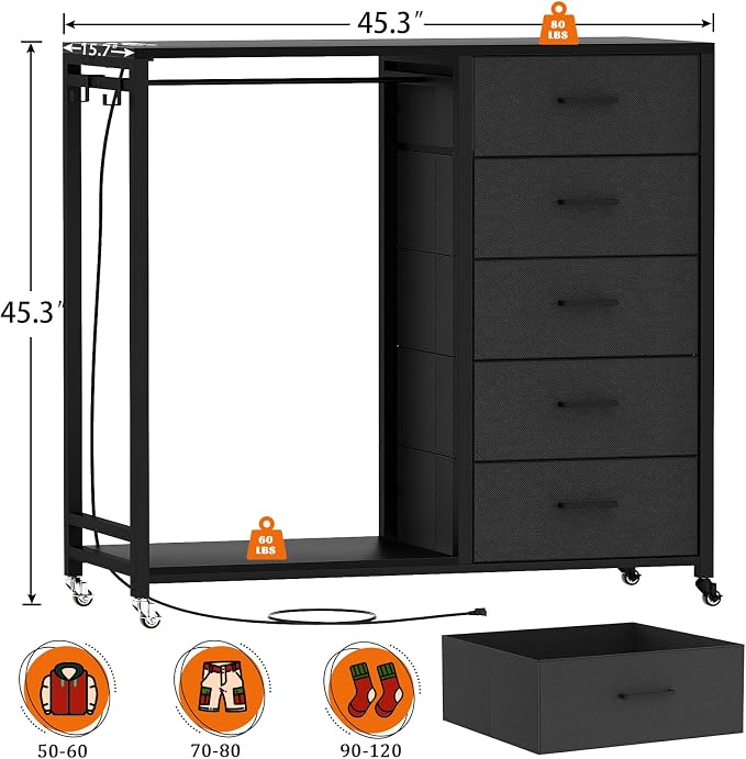 Cyclysio Storage Clothes Rack with 5 Drawers, Garment Rack with Charging Station & LED Lights, Fabric Chest Shelves Clothing Rack, Wooden Portable Wardrobe Closet