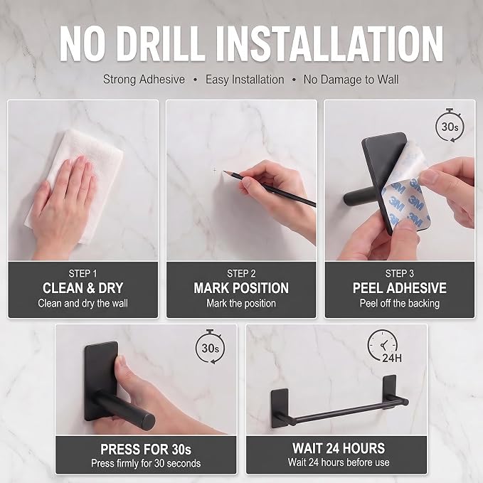 Adhesive Bath Towel Bar 24-inch Black, No Drill Stick On Towel Rack, Easy Install with Self-Adhesive, Premium SUS304 Stainless Steel (Black, 24)