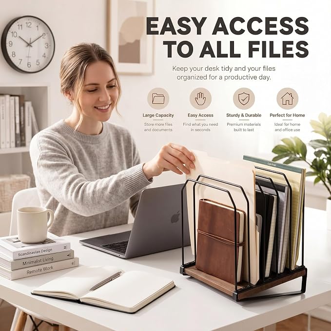 Novabright 2 Pack Inclined Desk File Organizer 5 Section Metal Vertical Folder Holder with Wooden Base Desktop Mail Sorter Step Magazine Document Paper Binder Holder for School Classroom Home Office