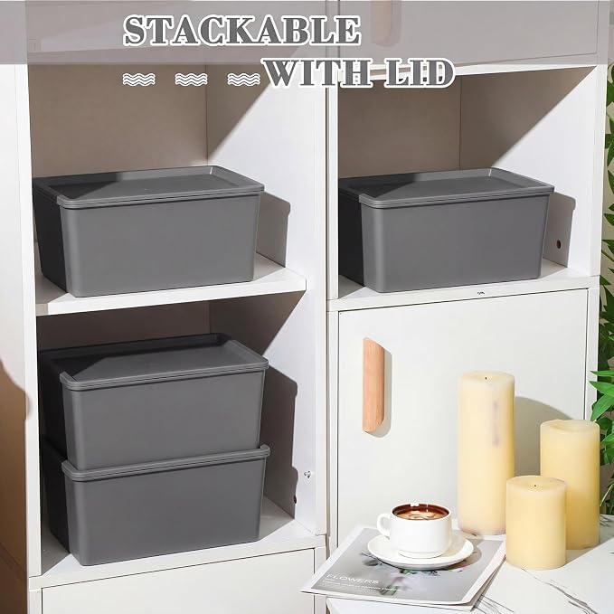 4 Pcs Storage Bins with Lids Plastic Stackable Containers for Classroom Room Organizing Shelves Christmas Ornament Box Baskets(Gray,Large)