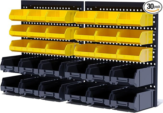 KJE 30PCS Wall Mounted Storage Bins, Plastic Tool Organizer for Garage Storage, Screws, Nuts, Bolts, Small Hardware Parts -Black, Yellow