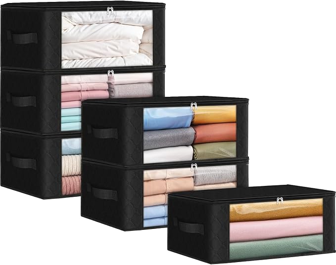Fab totes 35L Closet Organizers and Storage, Foldable Under Bed Storage Containers, Storage bags for Organizing Bedroom, Closet, Clothing,Organization with Handle (6 Pack,Black)