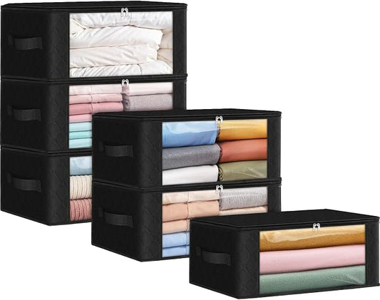 Fab totes 35L Closet Organizers and Storage, Foldable Under Bed Storage Containers, Storage bags for Organizing Bedroom, Closet, Clothing,Organization with Handle (6 Pack,Black)