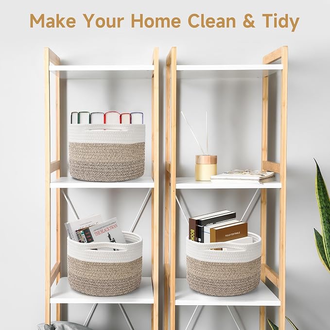 3 Pack Small Rope Storage Baskets, 9.82×9.82×7.1", Mixed Brown | Cotton Basket for Gifts Empty, Cute Round Woven Basket, Decorative Shelf Basket Organizer, Organizing Basket for Shelves