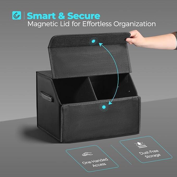 Fyzeoty Car Trunk Organizer for SUV and Sedan, Black, 16.5 inches | Leather Storage Box, Magnetic Lid, Collapsible and Adjustable, Water‑Resistant & Dust‑Proof