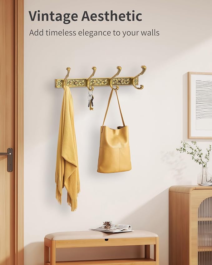 Vintage Coat Rack Wall Mount, Decorative Wall Coat Rack with 4 Hooks for Hanging Key Purse Hat Robe Towel Clothes Unique Hanger for Bathroom Shower Entryway Antique Brass 2 Pack