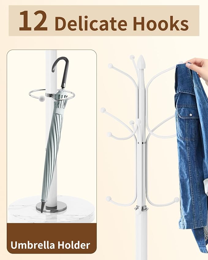 Modern Coat Rack Stand, Metal Freestanding Coat Rack with Natural Marble Base, Heavy-Duty Coat Racks with Umbrella Holder,White Coat Hanger Stand with 12 Hooks for Office, Entryway, Hallway