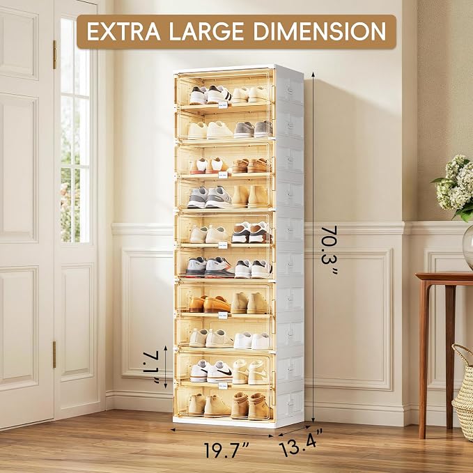 JEKO&JEKO 10 Tiers Foldable Shoe Rack Organizer Cabinet for Closet Entryway, Large Collapsible Shoe Storage Box with Magnetic Doors (White)