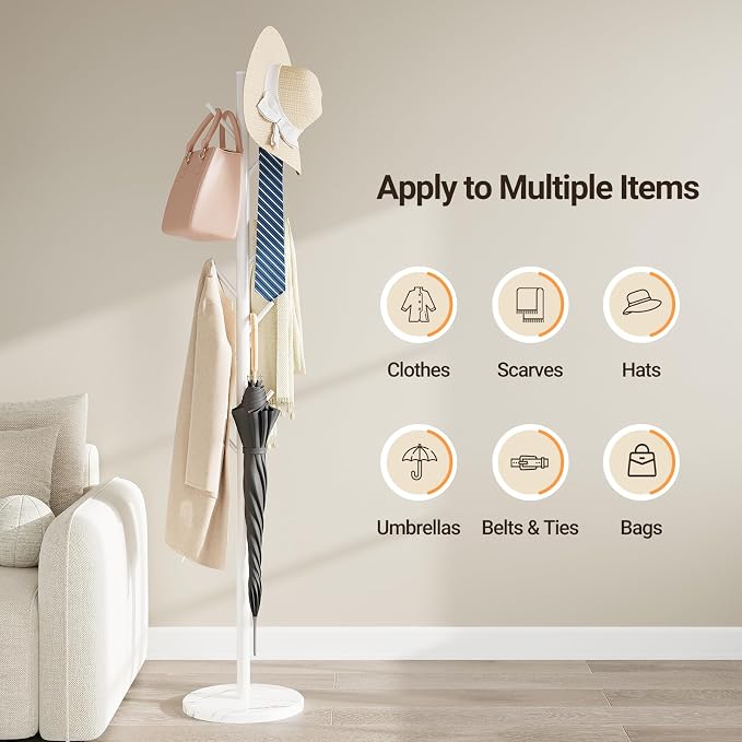 Coat Rack Freestanding, Metal Coat Rack with Natural Marble Base, White | 10 Hooks, 3 Adjustable Heights, Heavy Duty Coat Tree for Bags, Clothes, and Hats for Entryway, Bedroom, Hallway, Office