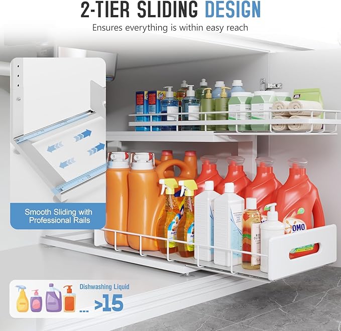 Under Sink Organizer Upgrade To Professional Rails,2-Tier Dual Pull Out Cabinet Storage,Height Adjustable Slide Out Drawers For Bathroom Kitchen,2 Pack-21"Dx12.8"-16.9"H,White