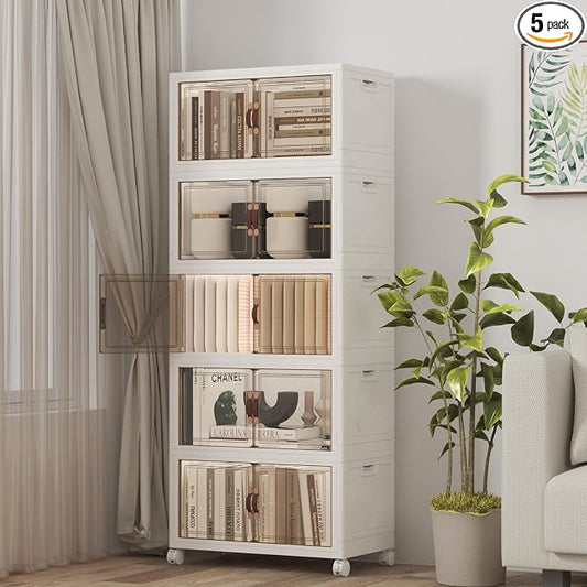 Stackable Storage Bins with Lids, 260QT Closet Organizers and Storage Cabinet with Doors & Wheels, Lockable Plastic Foldable Drawers for Bedroom Dorm Office Garage（52QT*5,White）