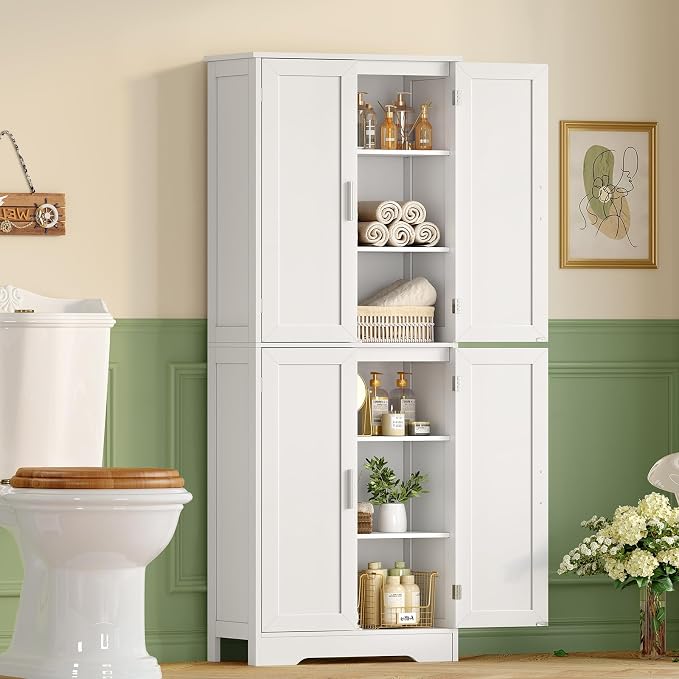 TEENFON 67” Storage Cabinet, Kitchen Pantry Cabinet with 4 Doors and 2 Adjustable Shelves, Cupboard, Tall Bathroom Cabinets for Dining Room, Living Room, White
