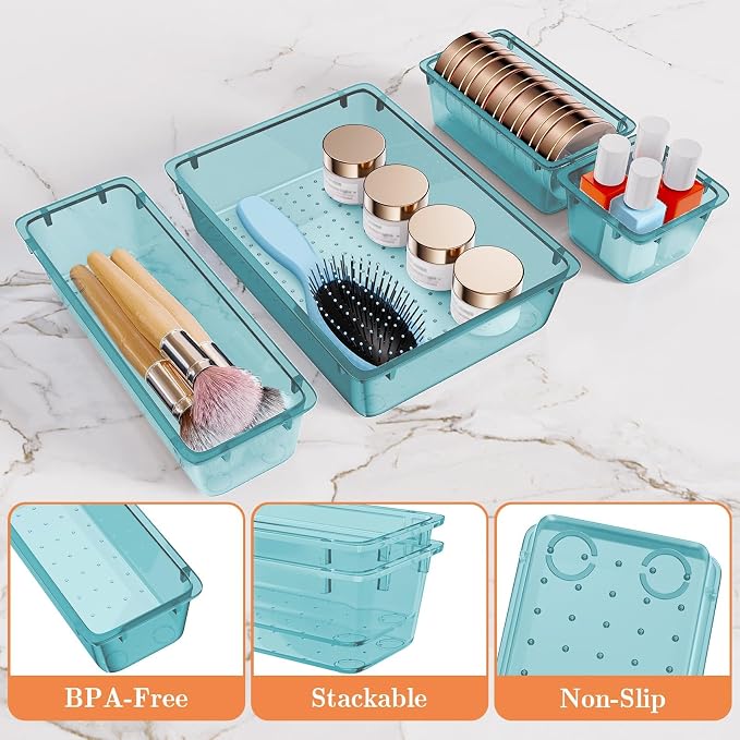 SpaceHacks 25 PCS Plastic Drawer Organizer Set, 4-Size Versatile Organizer Trays & storage Bins for Makeup, Jewelry, and Gadgets in Bathroom, Bedroom and Office, Sea Blue