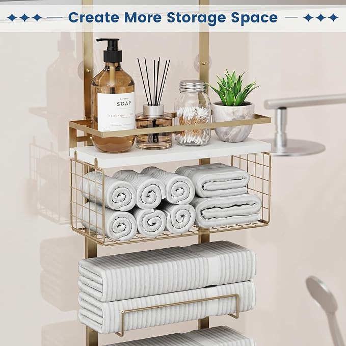 Aetyord Towel Racks for Bathroom Over The Door Towel Racks Towel Storage Organizer with Metal Shelf Basket for Bathroom Rv Camper (9-Tier Gold with White Plank)