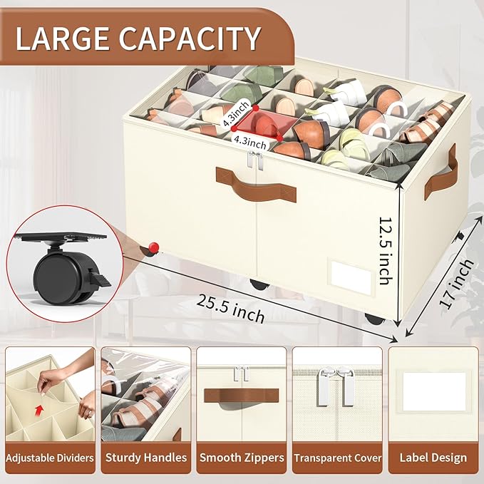 Foyego 2 Pack Shoe Organizer for Closet, Shoe Storage with Wheels, Beige | Fits 48 Pairs, with Adjustable Dividers and Clear Cover, Saving Space Foldable Fabric Closet Shoe Storage Organizer Box Bins
