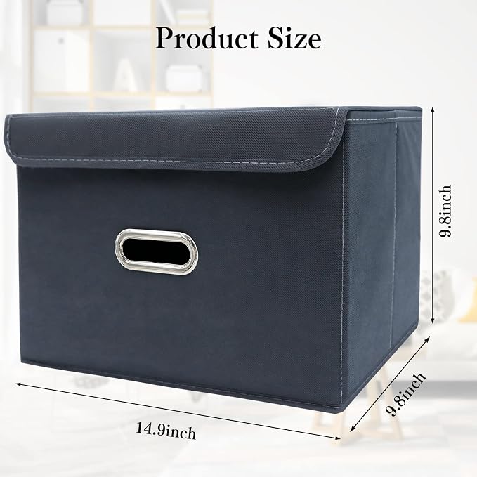STOREONE Fabric Storage Cube Bins Foldable Organizer Container Collapsible Basket with Lids and Metal Handles, for Home, Bedroom, Closet 6 Pcs (Grey)