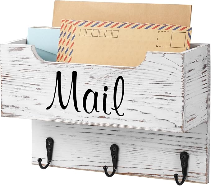 DRASTAR Small Mail Organizer Wall Mounted,Wooden Mail & Key Holder for Wall, Hanging Mail Organizer,Retro White