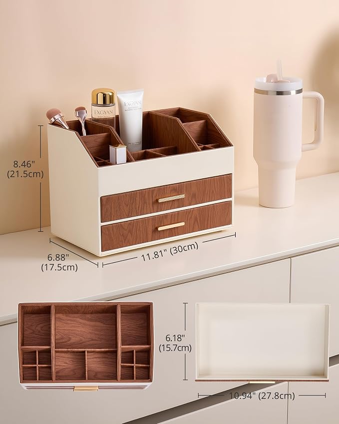 Lolalet 3-Layer PU Leather Makeup Organizer for Cosmetic Vanity -Walnut | Large Bedroom Dsek Countertop Cosmetic Organizer with Brush Holder, Skincare Storage for Lipsticks, Nail Polish, Perfume