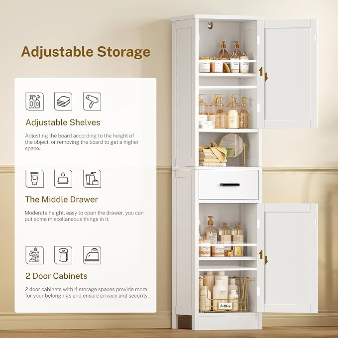 67" H Bathroom Storage Cabinet with Barn Doors & Adjustable Shelves, Bathroom Cabinet with Drawer, Narrow Bathroom Storage Unit, Floor Cabinets for Living Room, Kitchen, White
