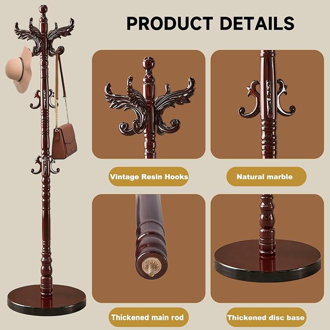 Wood Coat Rack Stand Vintage Coat Rack Freestanding with 14 Hooks | Solid Wood Coat Rack with Round Base,Wooden Coat Hanger Stand,Classic Coat Clothes Tree Stand for Office,Bebroom