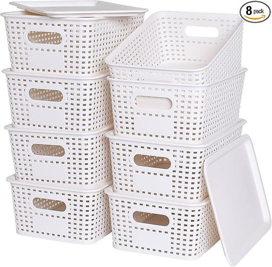 Plastic Storage Baskets with Lid-Plastic Storage Containers Stackable Storage bins: Storage Baskets for Organizing Shelves Drawers Desktop Closet Playroom Classroom Office,8 Pack-White10.2x7.2x4.1Inch