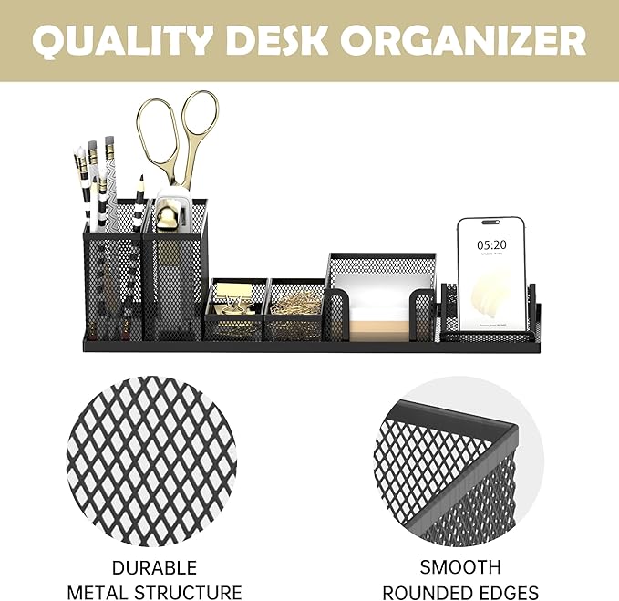 Pen Holder for Desk, 6-Piece Mesh Desk Organizer with Phone Holder, Black | 6-Piece Black Mesh Desk Set Includes Pen Cups, a Sticky Note Caddy and Phone Holder for Office, School, Home