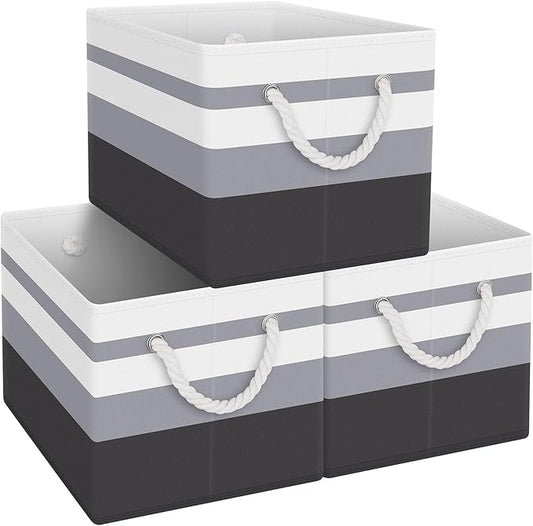 Fab totes Storage Bins 3-Pack, Foldable Storage Baskets for Organizing Toys, Books, Shelves, Closet, Large Storage Box with Rope Handles, Sturdy Organizer Bins,Gradient Grey
