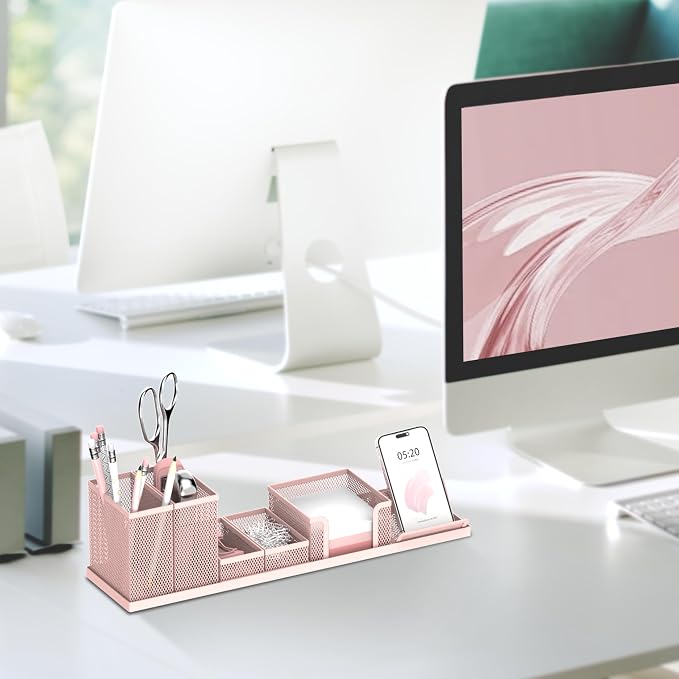 Pen Holder for Desk, 6-Piece Mesh Desk Organizer with Phone Holder, Pink | 6-Piece Black Mesh Desk Set Includes Pen Cups, a Sticky Note Caddy and Phone Holder for Office, School, Home