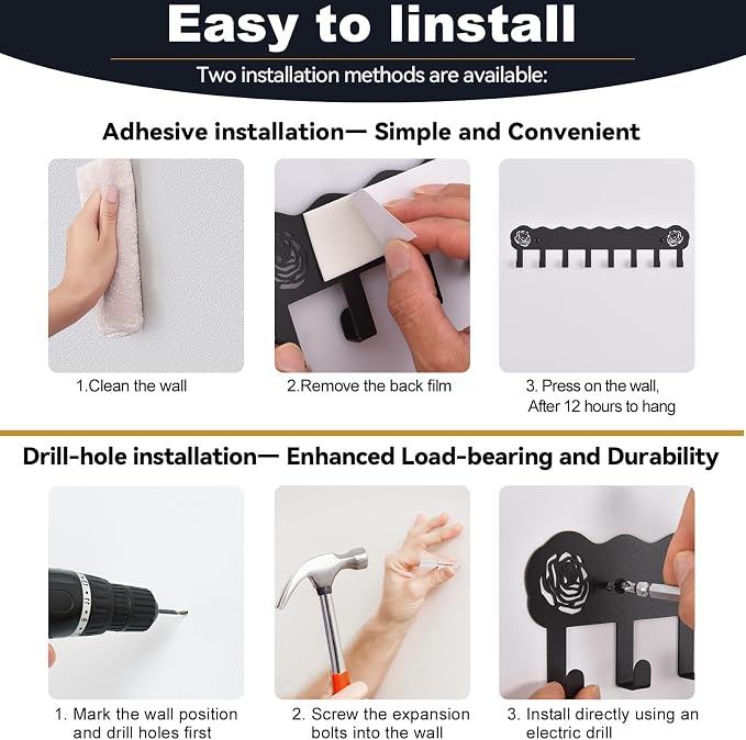 2-Pack Premium Iron Key Holder for Wall –Large Capacity & Multi-Functional | Dual Installation: Wall Mount & Adhesive, 8 Hooks Key Rack for Entryway, Kitchen, Bathroom, Office