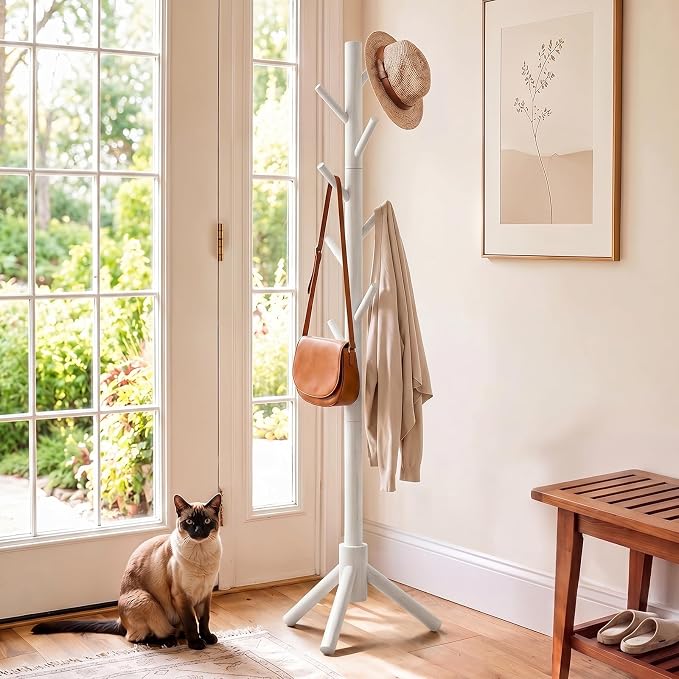 AMADA Solid Wooden Coat Rack Freestanding with 8 Hooks, White | 100% solid wood, 3 height options, widened base for stability, tool-free assembly, smooth rods & hooks prevent clothing snags