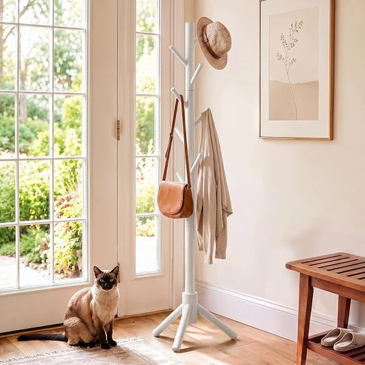 AMADA Solid Wooden Coat Rack Freestanding with 8 Hooks, White | 100% solid wood, 3 height options, widened base for stability, tool-free assembly, smooth rods & hooks prevent clothing snags