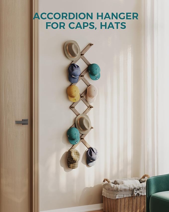 OROPY Accordion Wall Hanger with 17 Pegs, Expandable Wooden Coat & Hat Rack | Walnut Color, Hat Display Rack, X Shape Rack for Coat, Hats, Bags, Baseball Caps, Coffee Mug, Jewelry