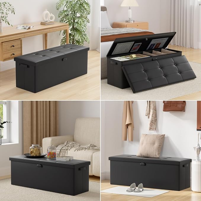 DocSafe Storage Ottoman Bench,Fireproof＆Waterproof Folding Bench with Lock(15”x 43”x15”),Leather Storage Chest with Handles＆2 Extra Boxes,Ottoman Safe for Bedroom,Living Room,Home Office,Black