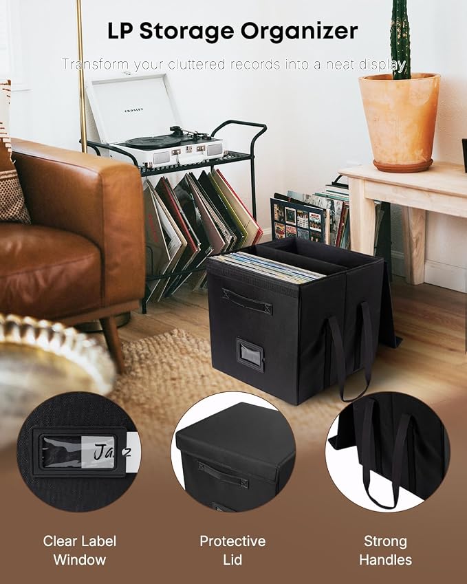 Uniclife 2 Pack Vinyl Record Storage Box with Lid & Handles | Collapsible, Splash-Resistant Album Storage Crate for 80 Single Records (12"), Black, 13" × 13" × 13"