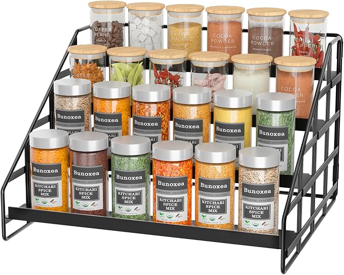 Bunoxea 4 Tier Adjustable Spice Rack for Cabinet & Countertop, Black | Depth Adjustable,Anti-drop Guard Rail,Tiered Cabinet Organizer,Holds 24+ Jars,for Cabinet, Pantry & Kitchen Countertop