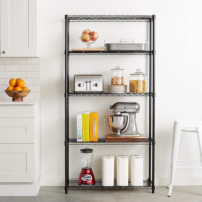 Amazon Basics 5-Shelf Adjustable Heavy Duty Steel Wire Rack, Space Saving Storage Shelving Organizer for Kitchen, Garage, No-Tool Assembly, 350 lbs Weight Capacity, 36" x 14" x 72", Chrome