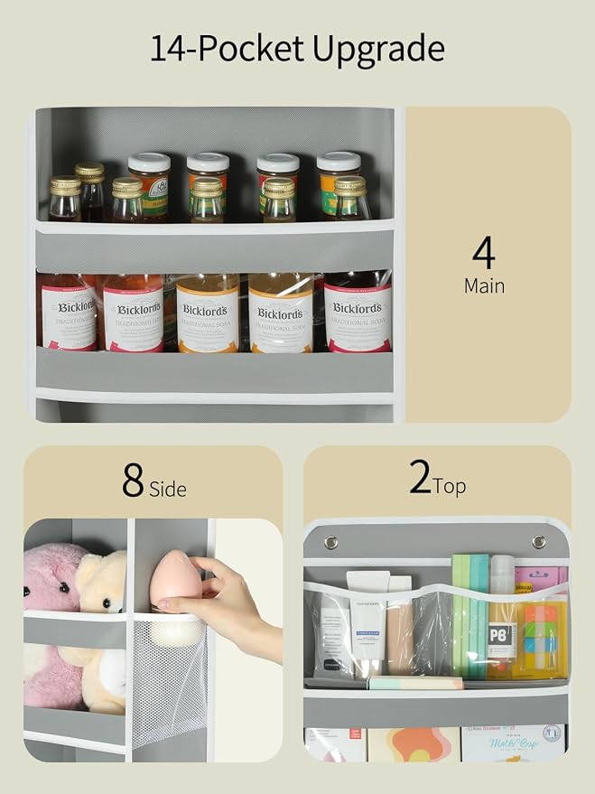Yecaye 5 Tier Over the Door Organizer, Swing-proof Door Organizer Hanging with Clear PVC Windows, Behind the Door Storage for Bedroom Nursery Closet Laundry Pantry Bathroom, Grey