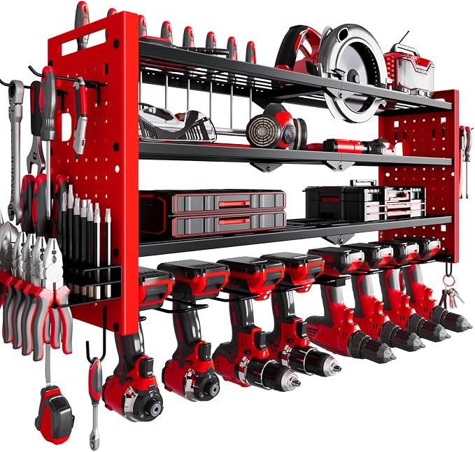 NattyDot Power Tool Drill Holder Wall Mount, 4Tier Garage Organizer, Red | 4-tier Utility Rack Stores 8 Cordless Drills, Batteries and Accessories while Freeing Extra Garage Wall Storage Space