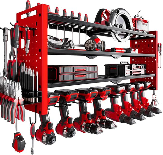 NattyDot Power Tool Drill Holder Wall Mount, 4Tier Garage Organizer, Red | 4-tier Utility Rack Stores 8 Cordless Drills, Batteries and Accessories while Freeing Extra Garage Wall Storage Space