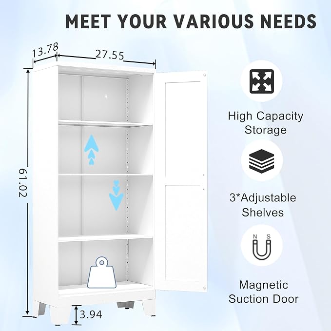 GAIOUS 61.02" Pantry Cabinet, Kitchen Pantry Storage Cabinets with Adjustable Shelves and Feet, White Pantry Storage Cabinet for Kitchen, Dining Room, Living Room and Bathroom (White) Metal