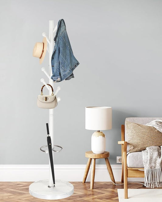 ZOZOE Coat Rack Stand, White Coat Rack Freestanding with Umbrella Holder | Coat Rack with Natural Marble Base,Modern Coat Stand with 8 Hooks,Clothes Tree Stand for Bags Hats in Hallway Entryway Corner